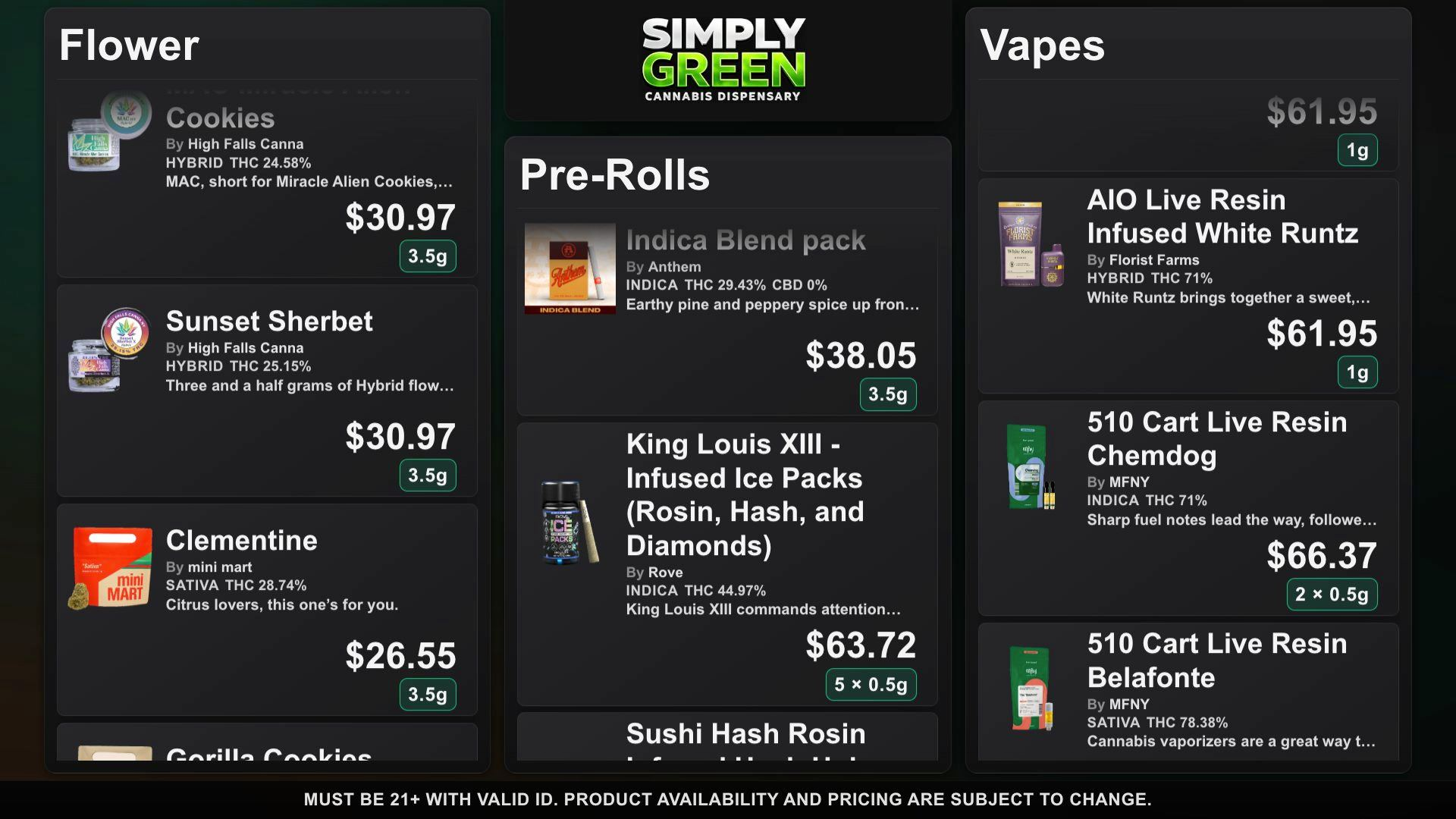 DubMenu TV board showing product images, weight chips, and sale pricing